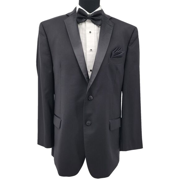 Calvin Klein Mens Black 100% Wool Satin Lapel Dbl Vent Formal Tuxedo Jacket 44R - Picture 1 of 13